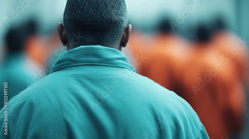 A solitary inmate in a teal jumpsuit walks ahead in a dimly lit prison corridor, embodying solitude and confinement, contrasted by others in bright attire.