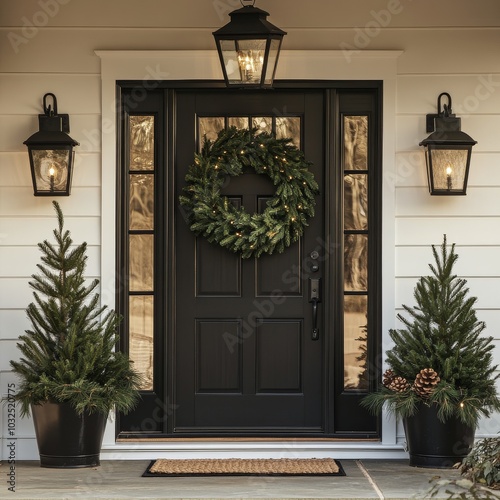 Elegant front porch decorated for the holidays with a black door, wreath, and greenery