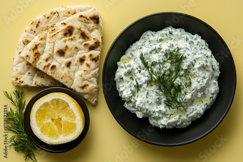 Tzatziki Dip with Pita Bread, Lemon, and Dill