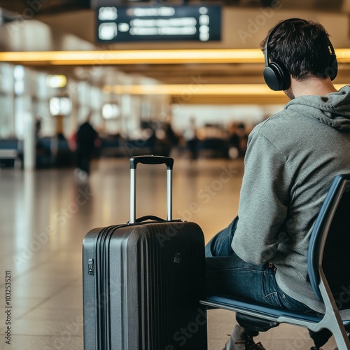 A traveler waits at the airport, wearing headphones and sitting beside a suitcase, enjoying a moment of relaxation.