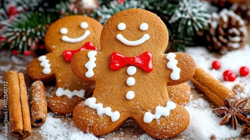 Two gingerbread men with bows on their collars