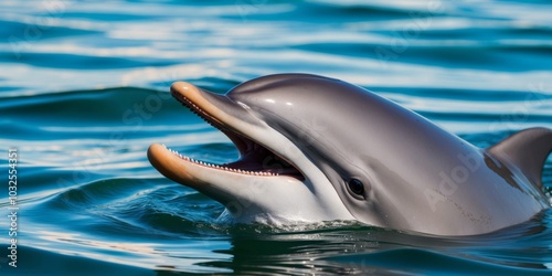 A tight shot of a dolphin in the water with its mouth agape and head breaking the surface.