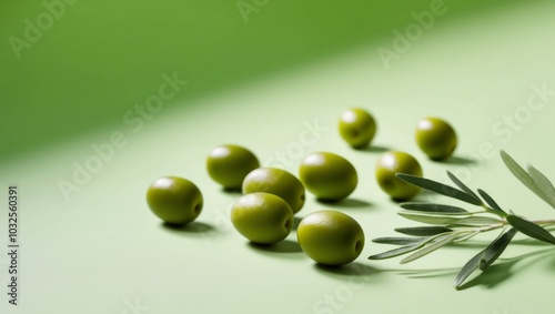 Green Olives with Olive Branches on Green Background.