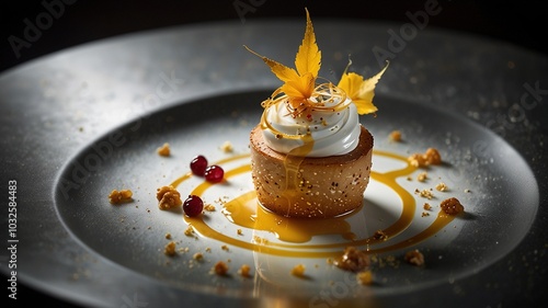 Lavish double exposure of a Michelin star dish adorned with gold plating, showcasing high-end culinary art in an exquisite presentation for an unforgettable fine dining experience.