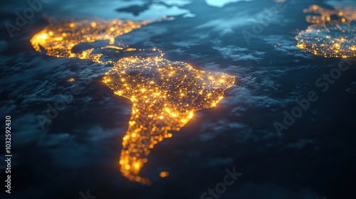 This visual illustrates a world map with illuminated pathways connecting major cities in Latin America, symbolizing the extensive reach of digital marketing services across the region