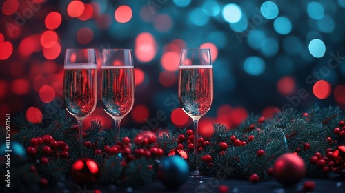 Three champagne flutes filled with sparkling wine on a table dec