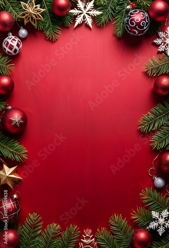 red empty background with christmas baubles and fir branches