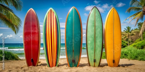 Five Colorful Surfboards on Tropical Beach, Summer Vacation, Surf Culture, Surfboard Collection, Summer Beach, Surfboard , Beach Life