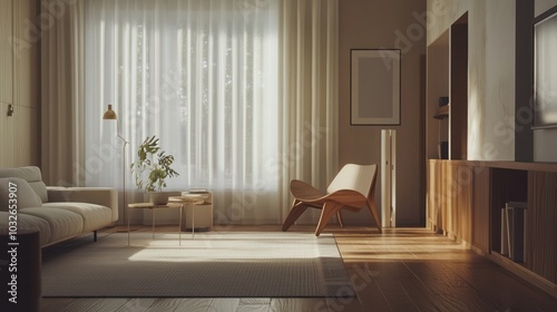 Capturing the unique blend of functionality and style in a living room adorned with dimout curtains and minimalist scandinavian furniture.