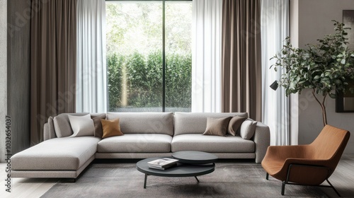 Capturing the unique blend of functionality and style in a living room adorned with dimout curtains and minimalist scandinavian furniture.