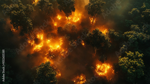 Top view of jungle on fire, big trees on fire, climate change