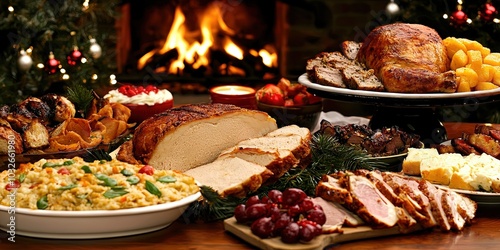 christmas holiday feast - table filled with decadent food