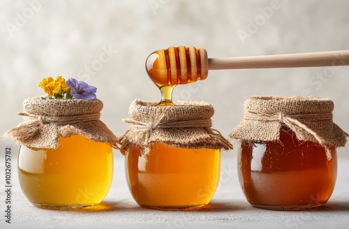 Delicious honey being drizzled from a wooden stick over glass jars in soft natural light