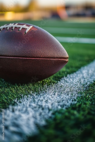 A close up view of an American football resting on the grass at a sports field during gameplay