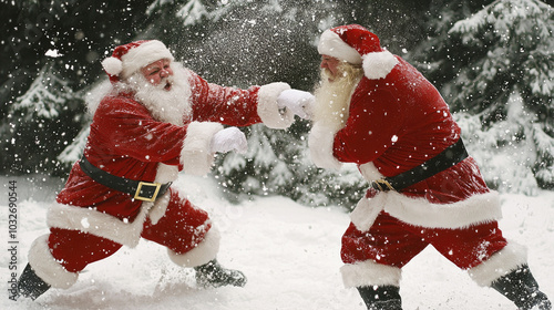 Two santa clauses playfully boxing in a snow-covered winter wonderland