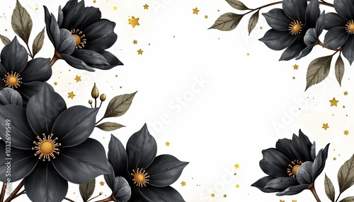 Black and gold floral design on white background Dramatic watercolor flower backdrop perfect for bold and luxurious greeting cards wedding invitations posters with text space.