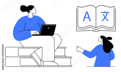 Person using a laptop while sitting on books, another pointing to an open book with letters. Ideal for education, technology, language learning, online courses, personal growth. Simple line, minimal