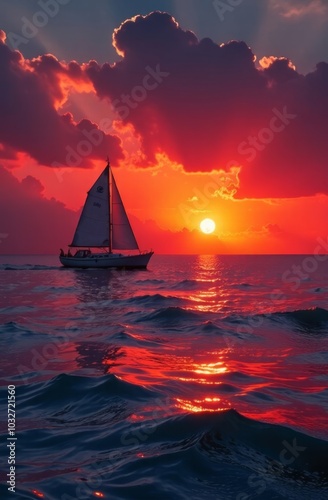 Sailboat sailing on the ocean during a dramatic red sunset with dark clouds and glowing reflections on the water Concept: sunset sailing, dramatic seascape, ocean adventure, twilight cruise, serene jo