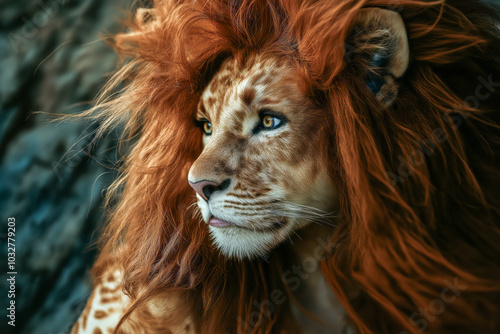 Close-up portrait of a woman-lion with fiery mane illuminated by warm light, embodying power and nobility