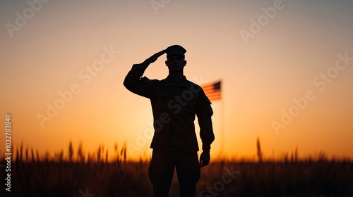 Silhouette of a soldier saluting at sunset, with a waving American flag in the background, symbolizing remembrance on Veterans Day 