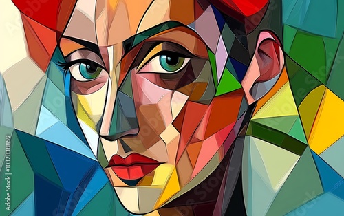 A colorful cubist portrait of a woman with green eyes and red lips, with a red hat.