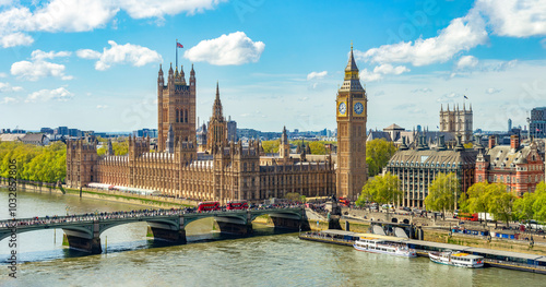 London cityscape with Houses of Parliament and Big Ben tower, UK