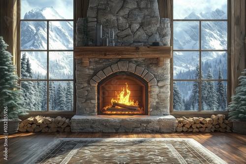 winter cabin ambiance, cozy up by the crackling fireplace in a mountain lodge, with snow-dusted windows for the perfect wintry escape perfect for adding text