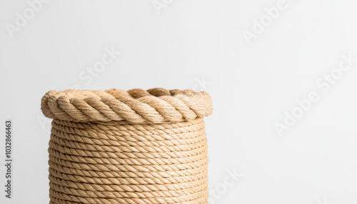 A woven rope basket with a decorative rim, set against a minimalistic white background, showcasing a natural and rustic aesthetic.