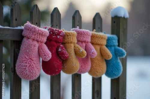 Different lost pink and gray mittens hanging on wooden fence outside, snowy winter, bright day