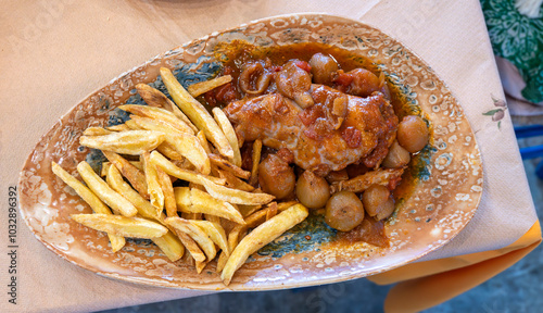 królik duszony z cebulkami, rabbit stewed with onions