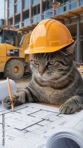 Cat wearing yellow hard hat and goggles, pretending to read blueprints at construction site