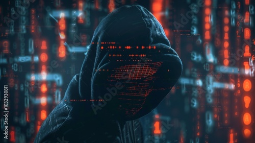 Hacker Wiping Digital Traces from Cyber Activities. The hooded silhouette of a hacker diligently removes digital footprints, a metaphor for meticulous cover-up of cyber activities and evidence erasure