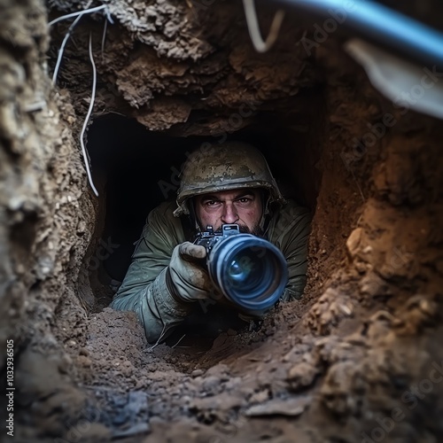 War photojournalist of the 21st century, hiding in a trench, receiving missile attacks