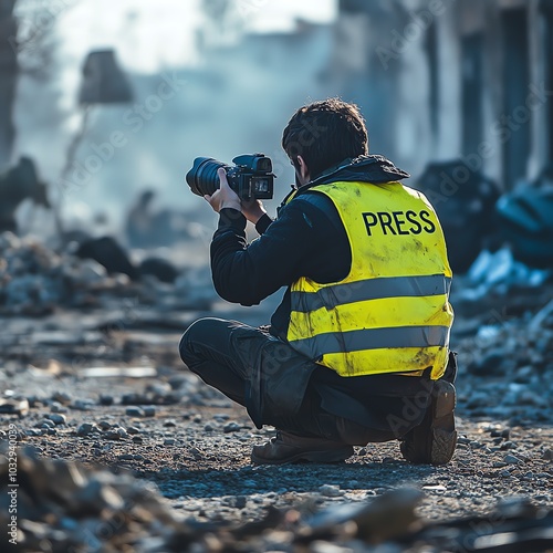 War photojournalist of the 21st century, he is kneeling on the ground with one leg,