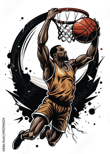 A dynamic basketball player dunking with full intensity and an abstract black and white background.