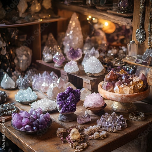 Vibrant Crystal Healing Shop with Glowing Gemstones and Ethereal Lighting