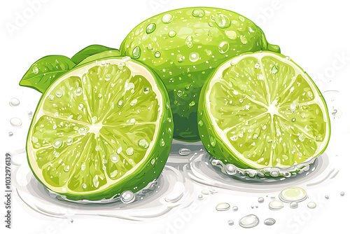 Fresh limes cut in half, showcasing juicy flesh and water droplets.