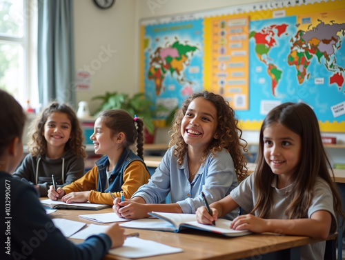 A classroom with students from diverse backgrounds, eagerly learning and collaborating, vibrant educational posters from various cultures on the walls