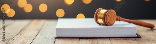 A gavel rests on a stack of papers, symbolizing justice, law, and legal proceedings, with a blurred bokeh background adding depth.