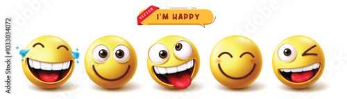 Emoji happy characters vector set. Emojis emoticon character in funny, laughing, smiling, tongue, charming, and winking facial expression 3d collection isolated in white background. Vector 