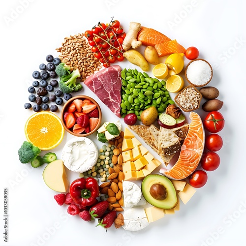 Top view of plate with variety of vegetables, fruits and cheese isolated on white background