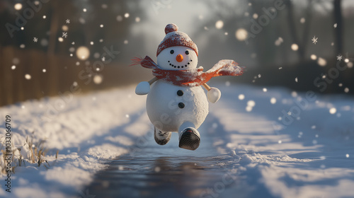 Funny energetic snowman running through a snow-covered scene with a scarf and hat, embracing the festive winter fun. Image made using Generative AI.