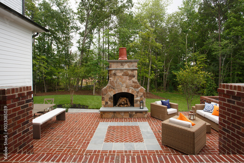 Outdoor Patio With Fireplace Amidst Lush Green Trees.