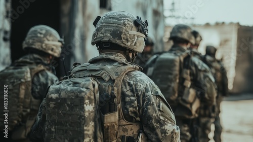 Soldiers in military gear move cautiously through an abandoned area, showcasing teamwork and readiness in a tactical environment.