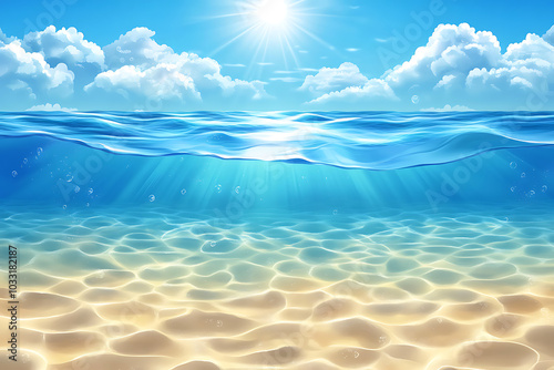 A serene underwater scene with sunlight filtering through waves and sandy ocean floor.