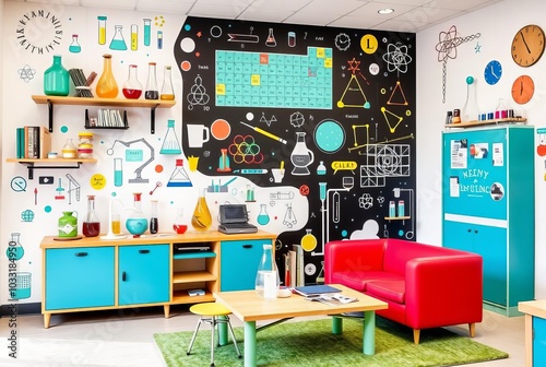 Incorporate science themed decor with lab equipment periodic tab