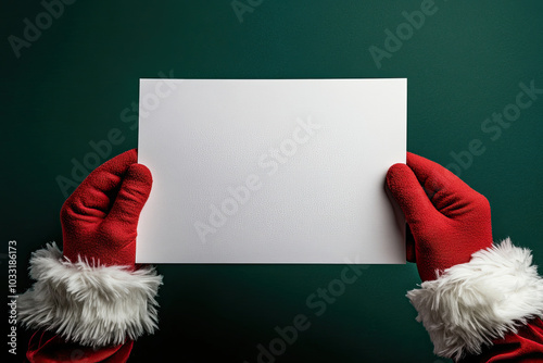  Santa hands hold a blank white sheet