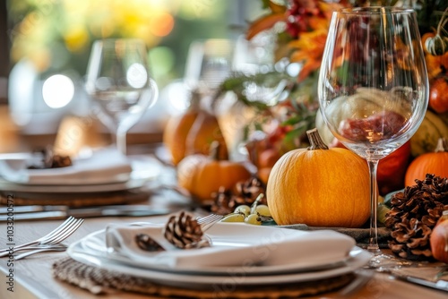 A beautifully set table with white plates, silverware, and napkins decorated with pine cones and pumpkins, ready for a festive dinner.