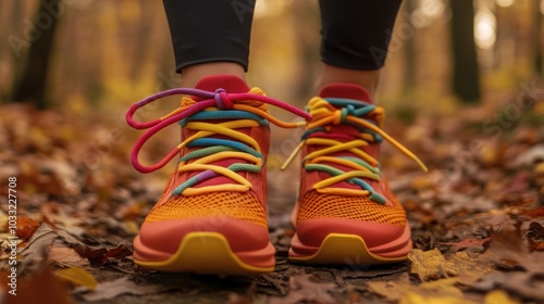 Closeup of a woman's colorful athletic shoes on a path covered with autumn leaves.