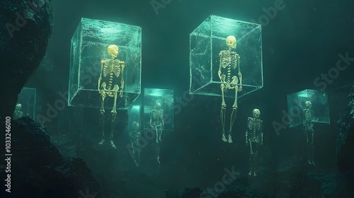 Surreal vision of skeletal remains trapped within transparent 3D cubes floating in a dark boundless void A conceptual and metaphysical of themes like confinement isolation